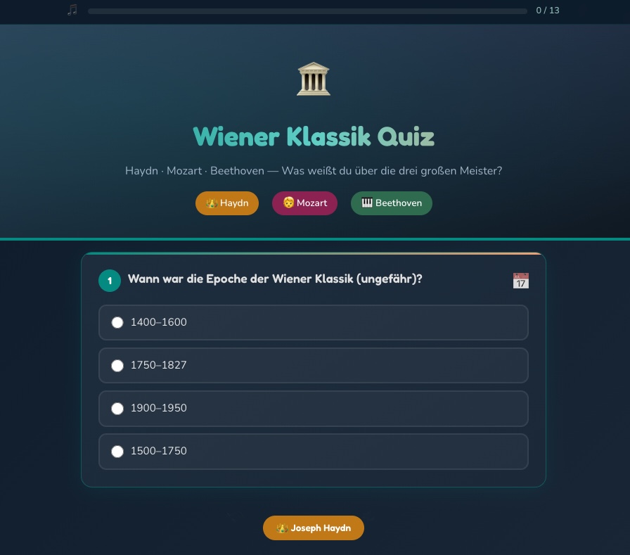 Wiener Klassik music quiz with composer pills