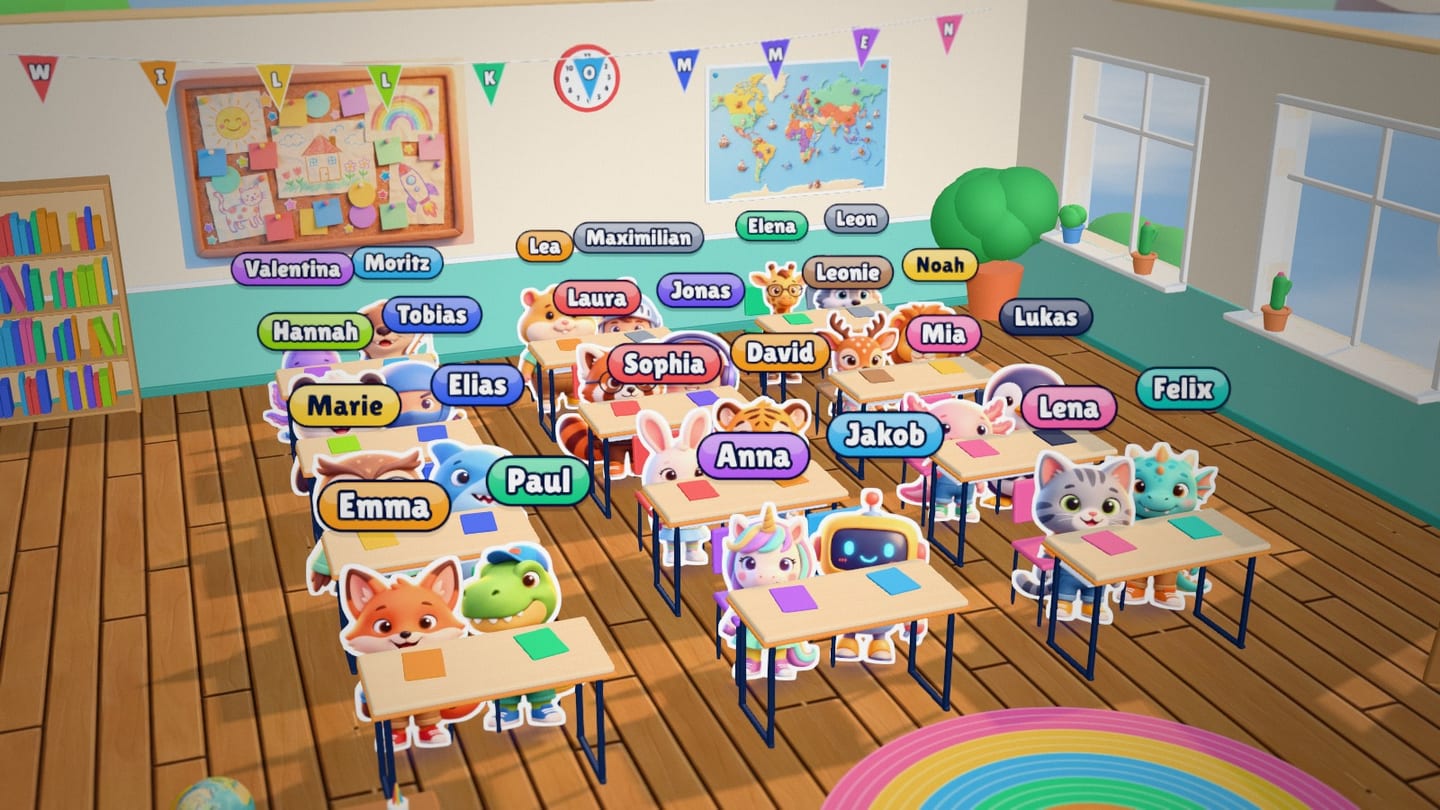 Klassen-Quest: a 3D classroom on a floating island with the pupils' avatars at their desks
